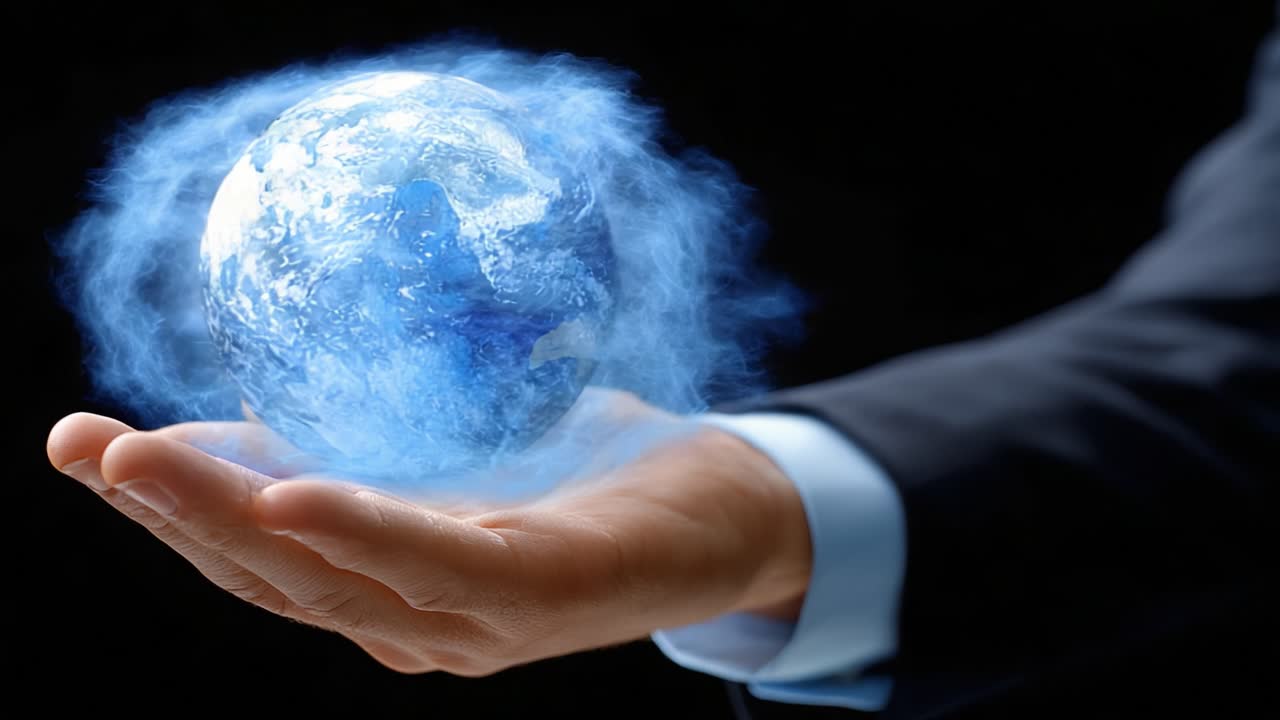 Capturing the Earth: A Hand Embraces a Mystical Globe Surrounded by Ethereal Energy, Symbolizing Effective Control and Responsibility Over Our Planet's Future