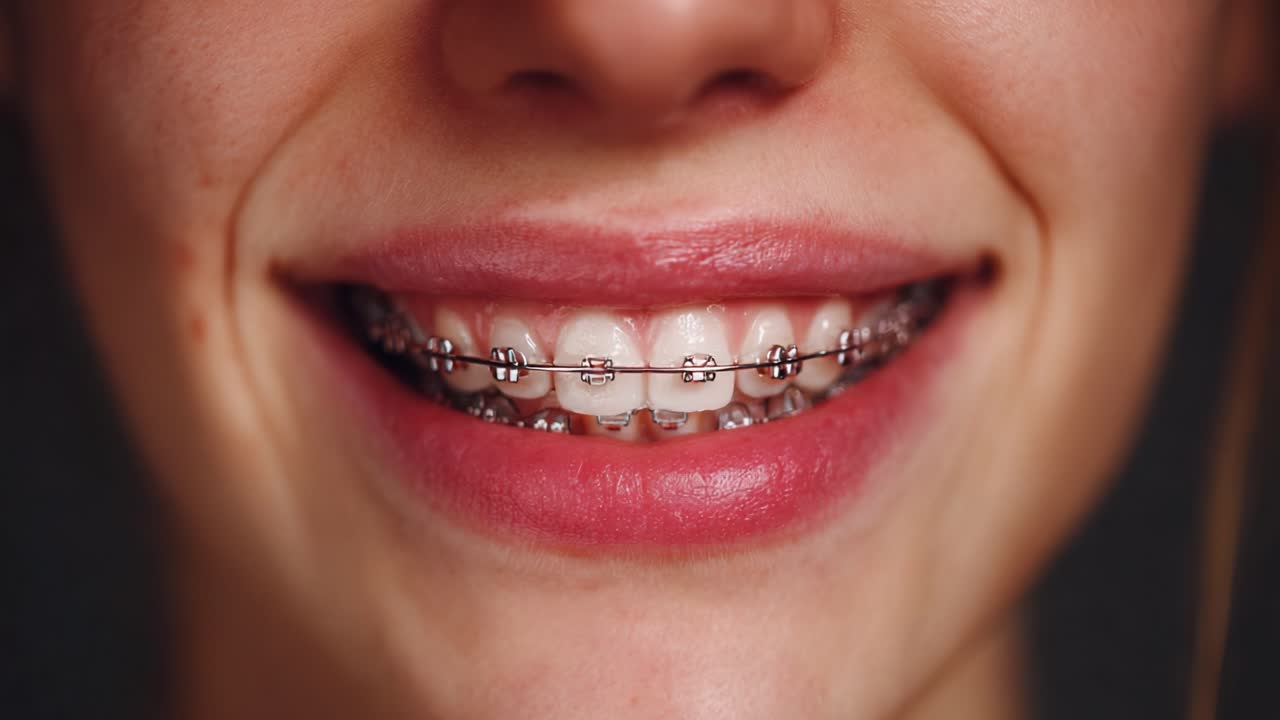 A Close-Up View of a Bracketed Smile: This Young Individual Exhibits Their Beautiful Set of Braces, Showcasing Their Commitment to a Healthier and More Attractive Smile