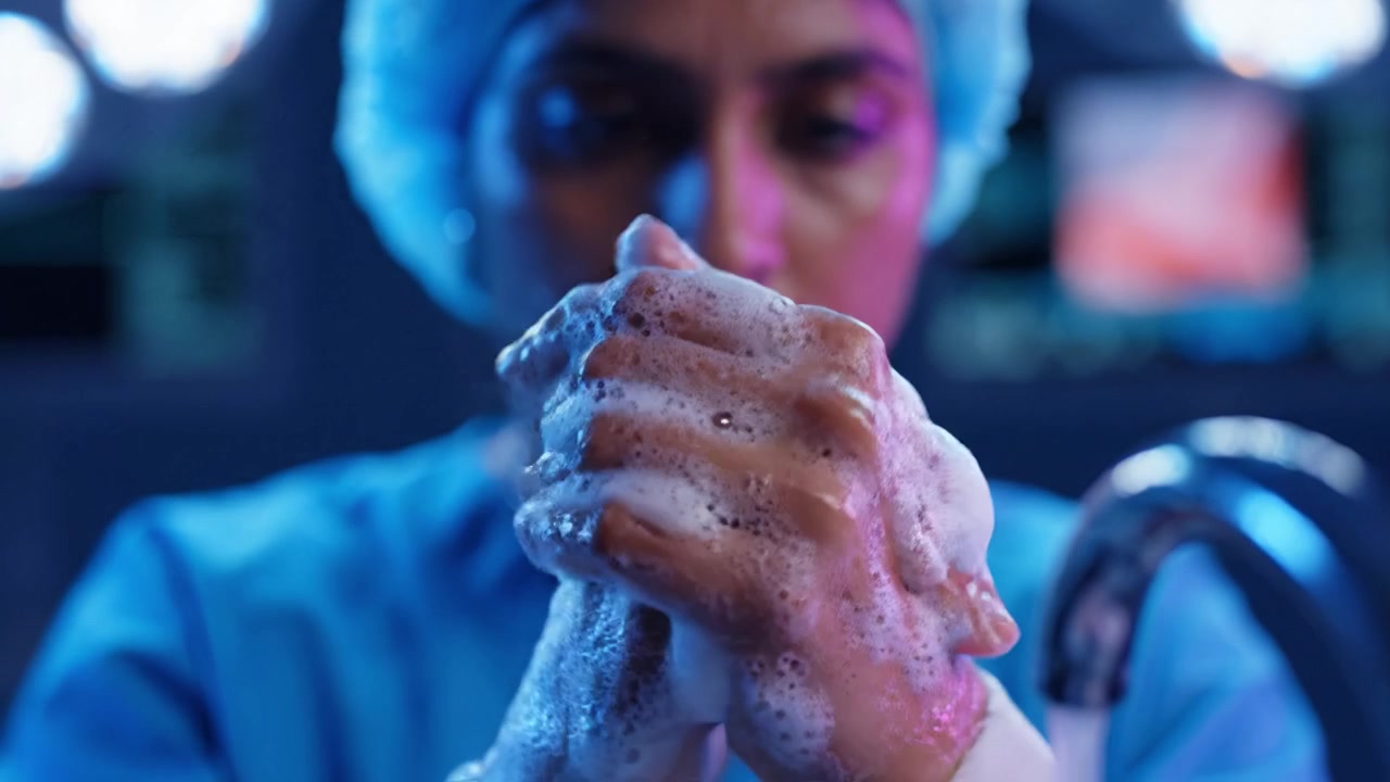 Professionista medico che esegue l'igiene delle mani in ambiente chirurgico, sottolineando l'importanza della sterilità e della pulizia nelle procedure sanitarie.