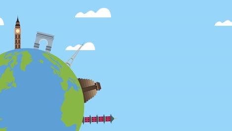 animación del día mundial del turismo con el planeta tierra y los puntos de referencia