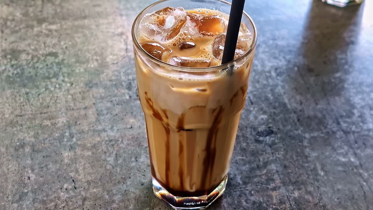 Una toma de primer plano de un café con leche en un vaso alto lleno de cubitos de hielo, un chorrito de sirope de chocolate y una mano revolviendo con una pajita para una bebida refrescante.
