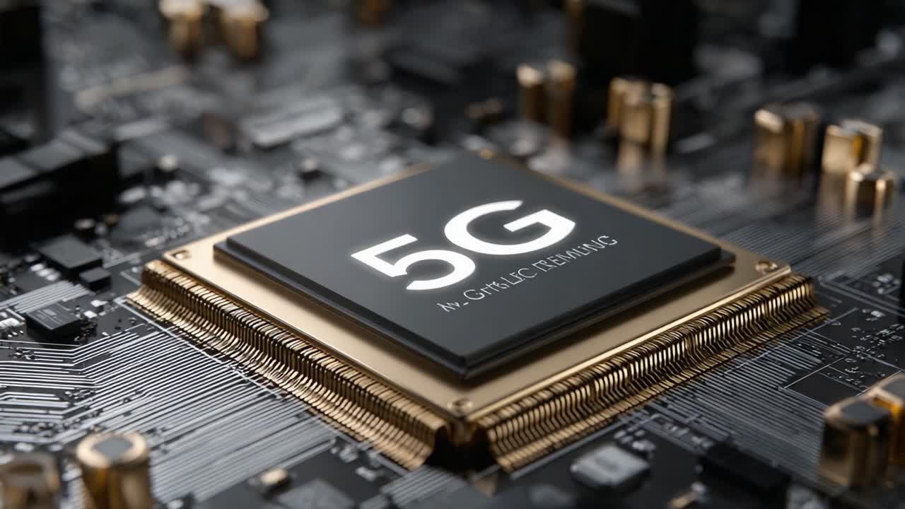 Esplorando il futuro della connettività: l'evoluzione e l'impatto della tecnologia 5G attraverso primi piani dettagliati di microchip e circuiti stampati avanzati