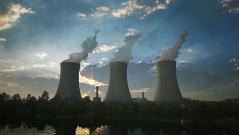 steaming cooling towers of nuclear power plant