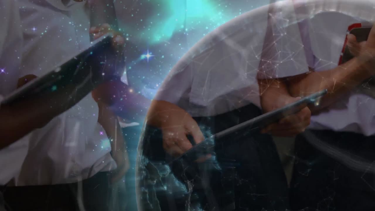 animación de redes de conexiones entre diversos escolares que utilizan tabletas