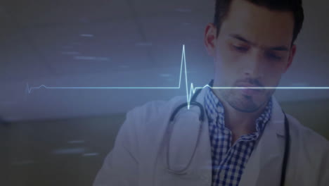 animación de diagramas y cardiógrafo sobre la escritura del médico caucásico