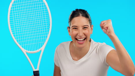 Face,-tennis-and-woman-with-racket-in-celebration