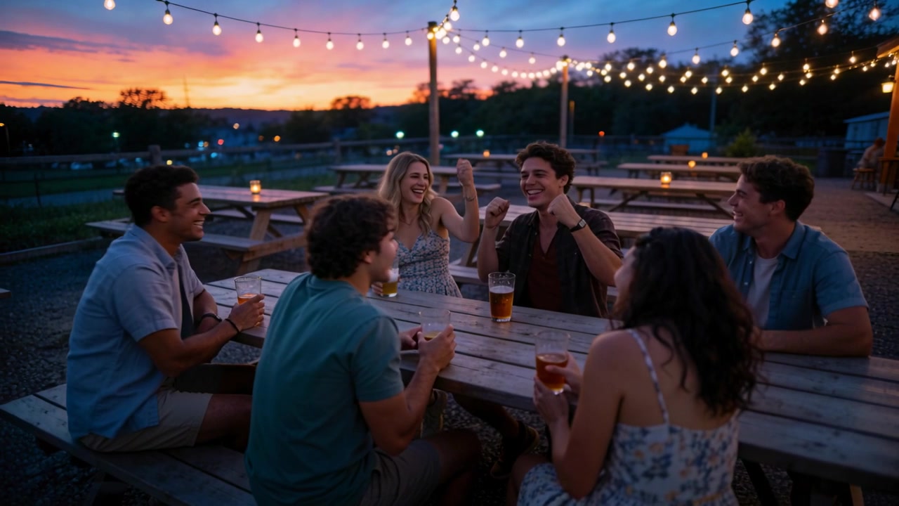 Levantando las manos, seis amigos brindando con cervezas y celebrando en una mesa de madera al aire libre con ropa de verano