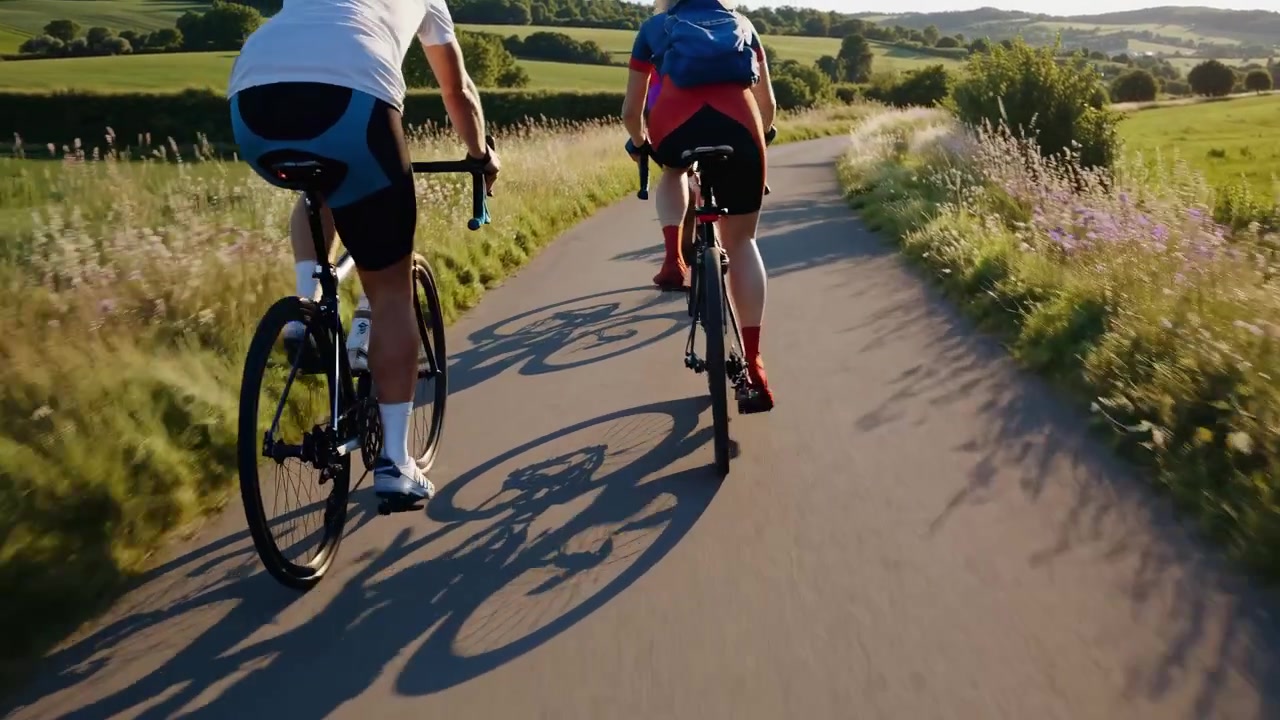 To cyklister cykler på en solrig landevej med lange skygger