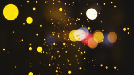 Leuchtend-Gelbe-Partikel-Und-Bokeh-Lichtanimation-Auf-Dunklem-Hintergrund