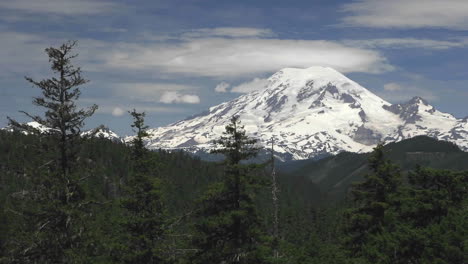 Time-lapse-of-clouds-passing-a-snow-capped-mountain-surrounded-by-forest-