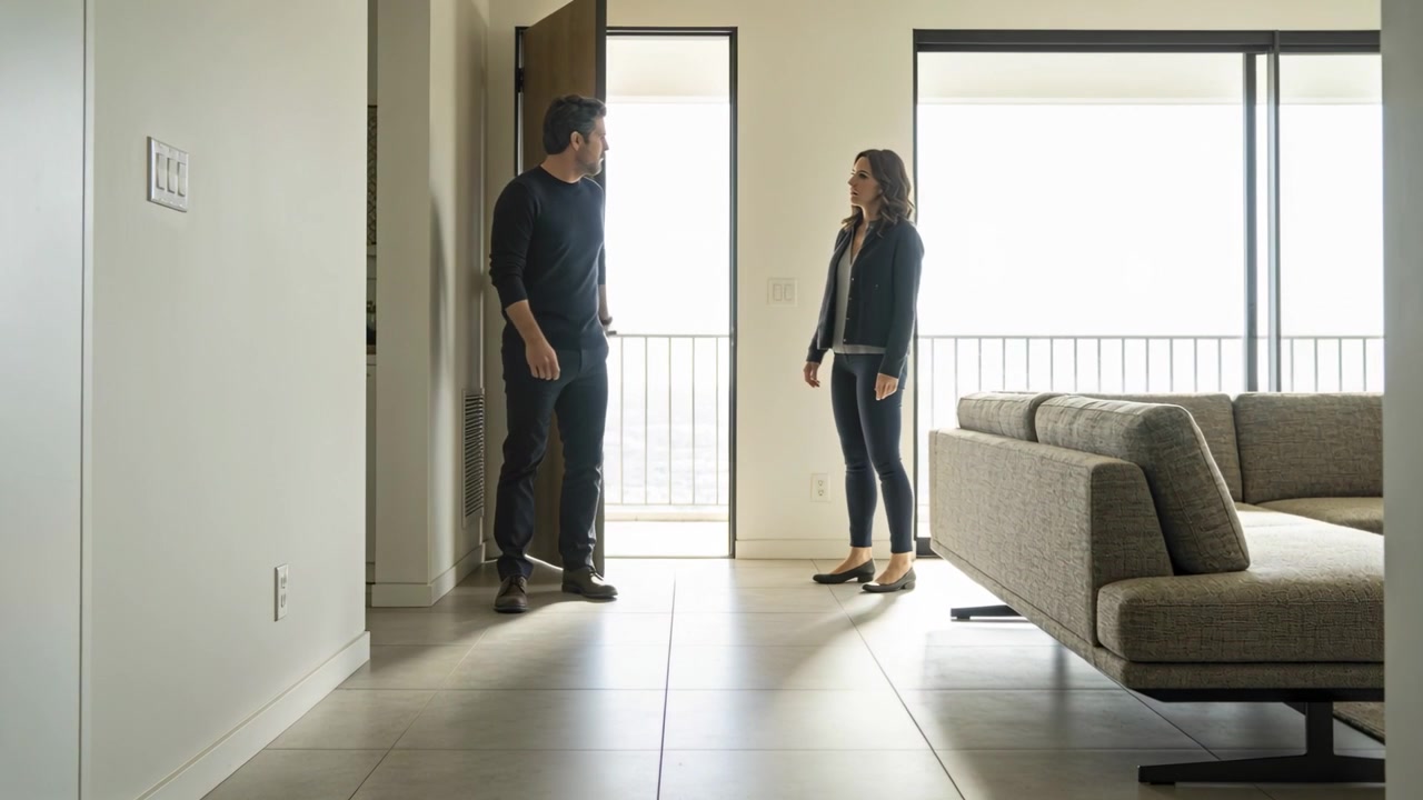 Aprendo la porta d'ingresso, un uomo e una donna in abiti scuri tornano all'appartamento, gesticolando verso il balcone.