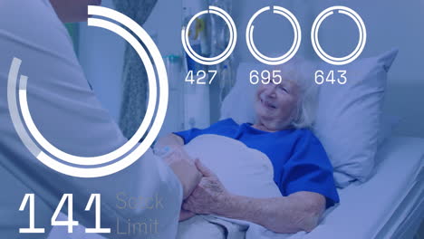 senior female patient lying hospital bed receiving iv while ui overlays showing vital signs