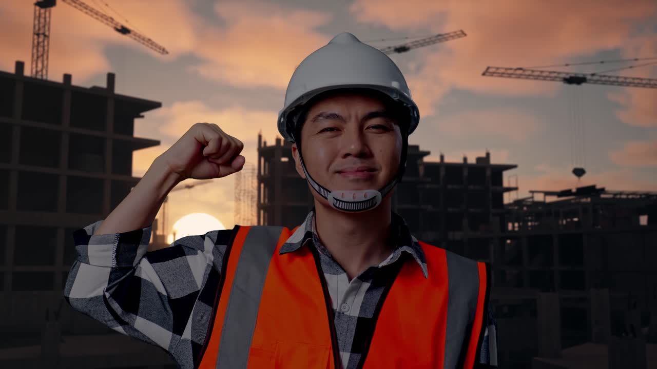 Close Up Of Asian Male Engineer With Safety Helmet Flexing His Bicep And Smiling To Camera While Standing At Building & Construction Site in Progress to New House