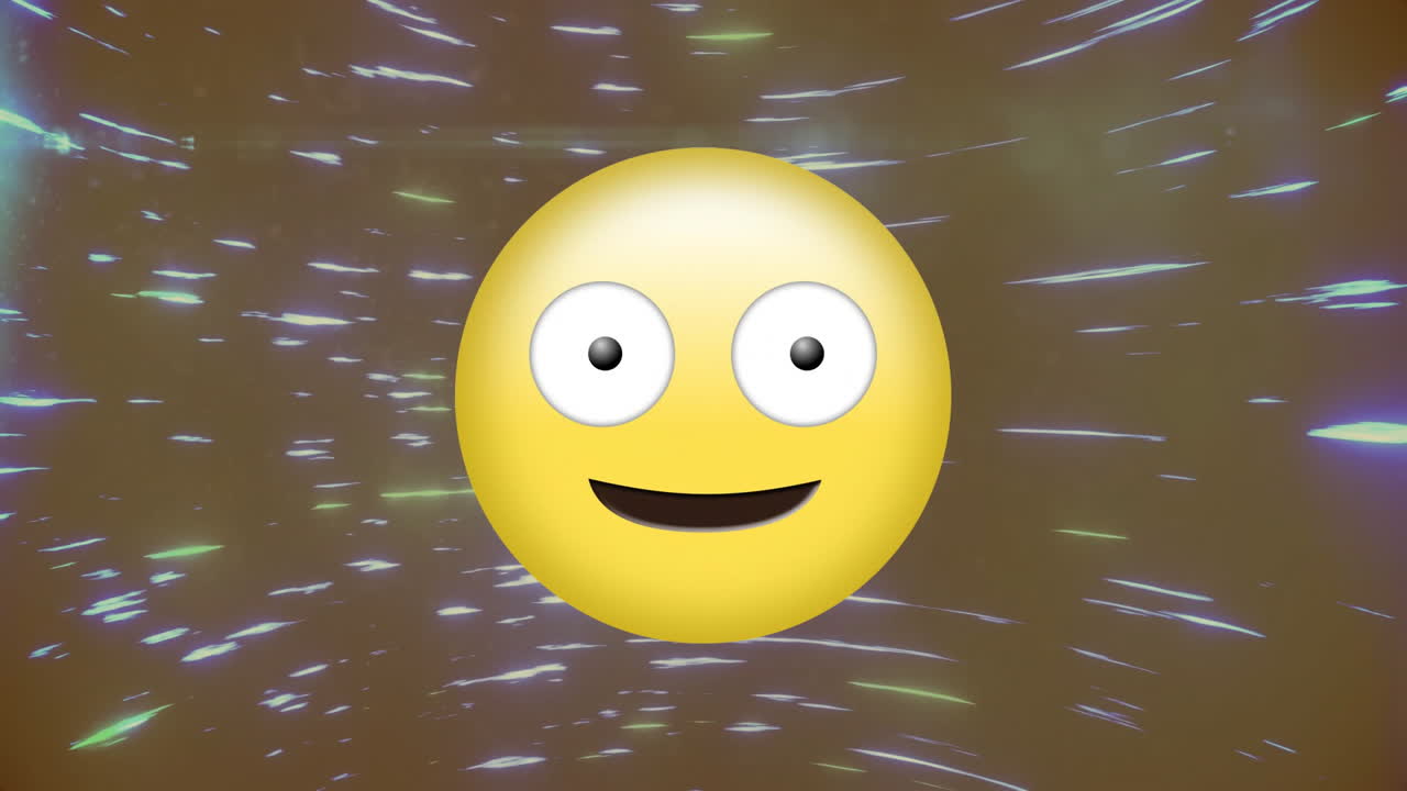Winking emoji with tongue out animation over dynamic light streaks background