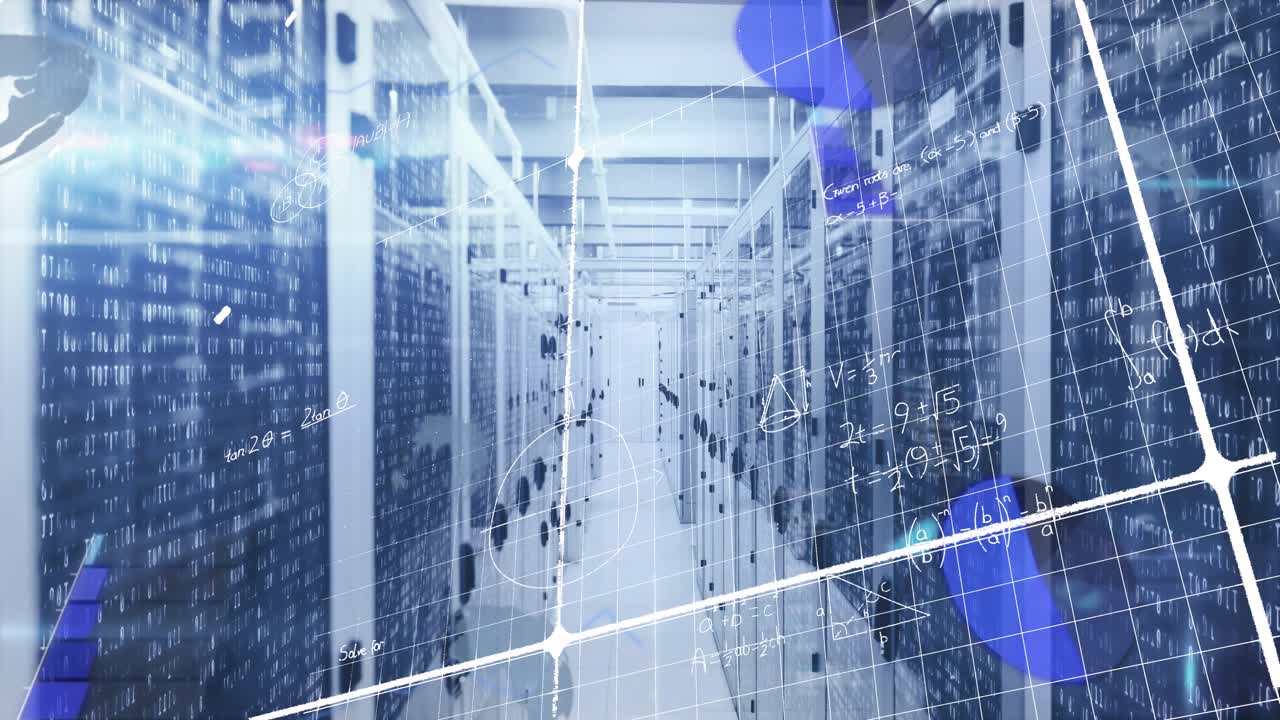 Animation of data processing and mathematical equations against computer server room