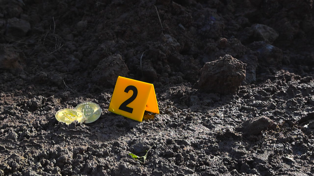 Yellow numbered Crime scene marker next to cryptocurrencies on a muddy ground where muddy tire tracks and footprints are visible left behind by a suspect of a crime. Sunny day at a remote area.