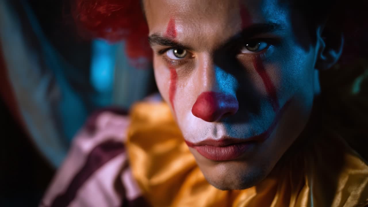 Intense Portrait of a Clown Capturing the Essence of Fear and Fascination Through Dramatic Lighting and Expressive Makeup in a Close-up Shot