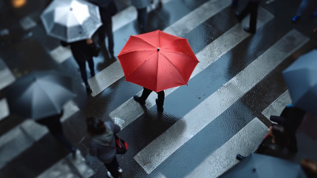 Rain falls on a wet city street. Lone red umbrella stands out among gray ones. People walk hurriedly, crossing the street. The red umbrella draws attention. It symbolizes boldness in a crowd