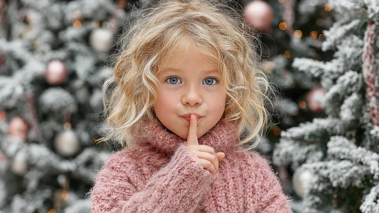 A Young Child in a Cozy Sweater Poses Playfully Against a Festive Christmas Tree Background, Inviting a Sense of Magic and Wonder During the Holiday Season
