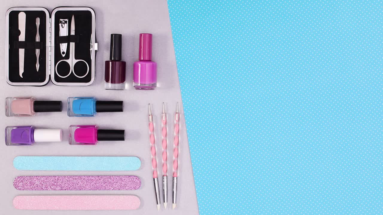 Manicure nail accessories and tools move on left side. Stop motion