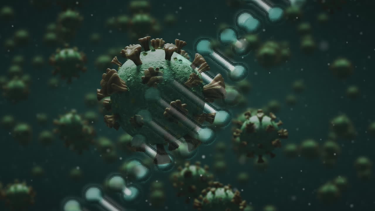 dna 구조가 회전하고 여러 코로나19 세포가 파란색 배경의 복사 공간에 대해 떠다니고 있습니다.