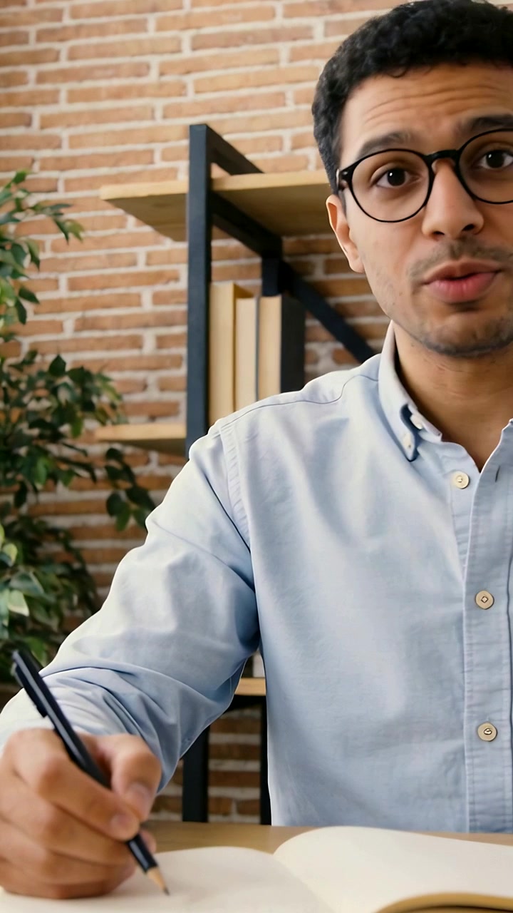Video verticale: Uomo in camicia blu che alza lo sguardo, scrive e insegna alla scrivania di casa con un quaderno.