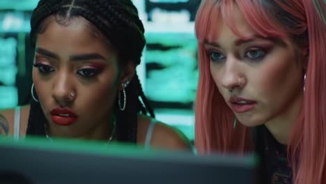 two focused women analyzing data on computer screens in a high-tech environment, deep in concentration, with a futuristic aesthetic surrounding them