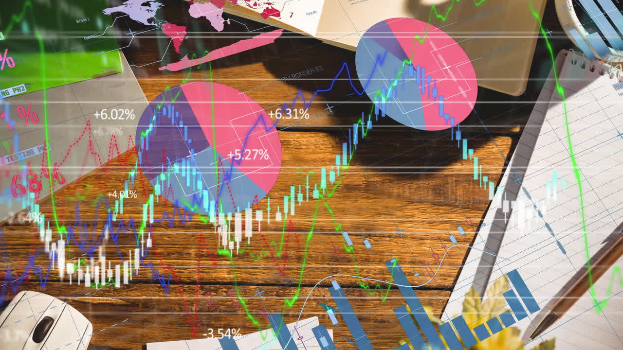 Digital composite video of financial data processing office equipment on office desk
