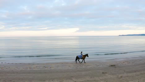 Una-Joven-Y-Hermosa-Morena-Con-El-Pelo-Largo-Y-Un-Vestido-Azul-Que-Fluye-Monta-Un-Caballo-Marrón-En-La-Playa-De-Donabate,-Irlanda