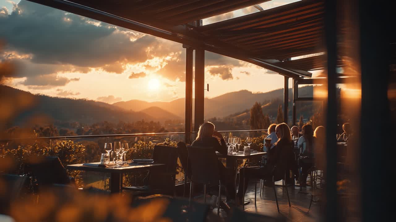 Serene Outdoor Dining Experience at Sunset with Breathtaking Mountain Views, Capturing the Essence of Evening Gatherings Amidst Nature's Beauty