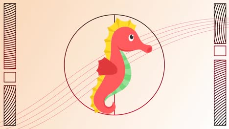 animation of seahorse over black shapes on white background