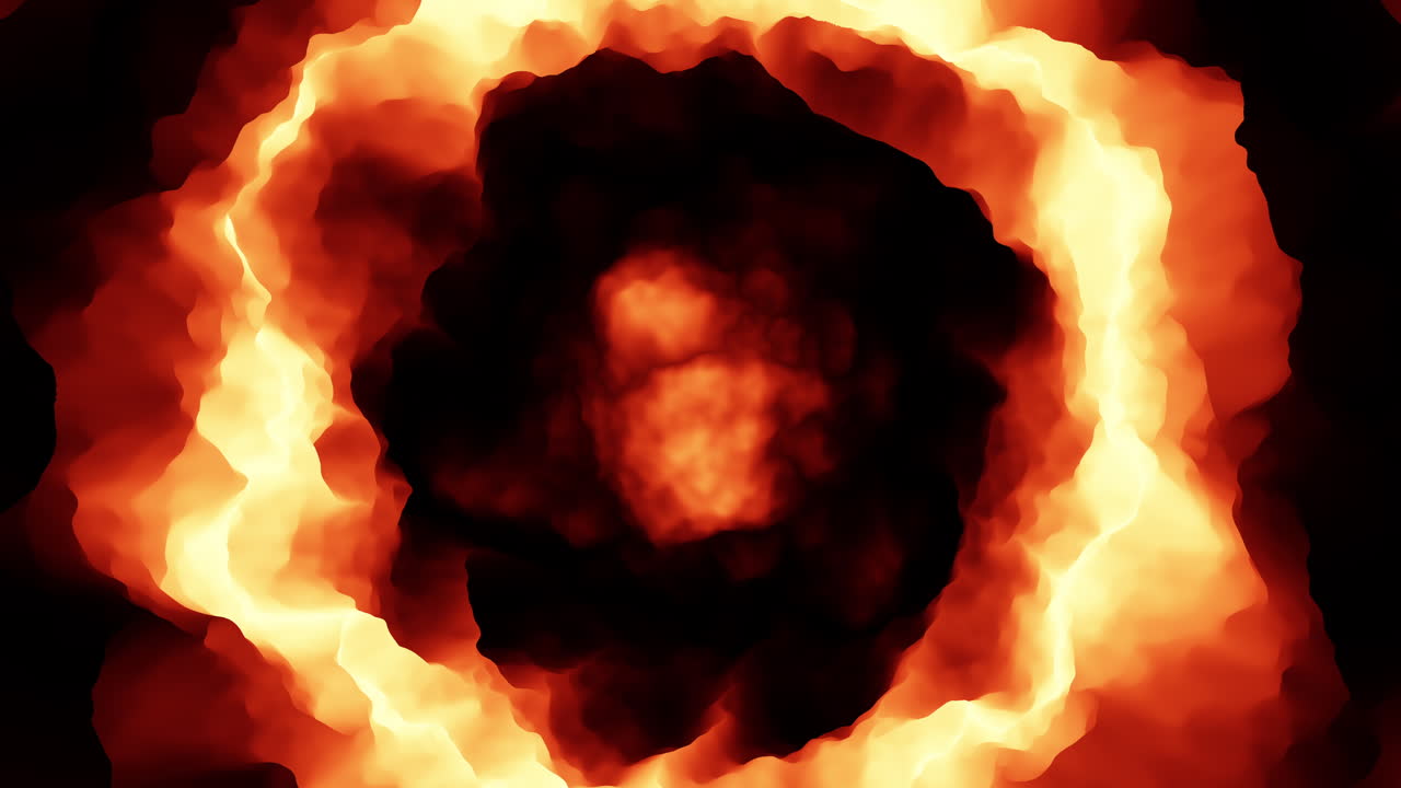 Abstrakter feuriger Rauchring dehnt sich aus und wirbelt mit glühenden Flammen und heißen Glut auf einem dunklen Hintergrund, ideal für Action, Gefahr, Energie und VFX-Overlays
