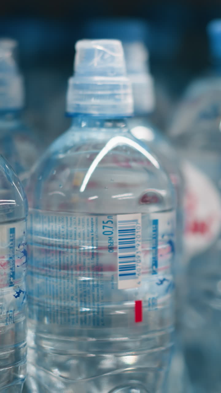 mano con guantes con cuentas tomando una botella de agua de un estante. disparado con una cámara de mano, haciendo hincapié en el acto de seleccionar una botela de agua entre muchos en un estante de la tienda