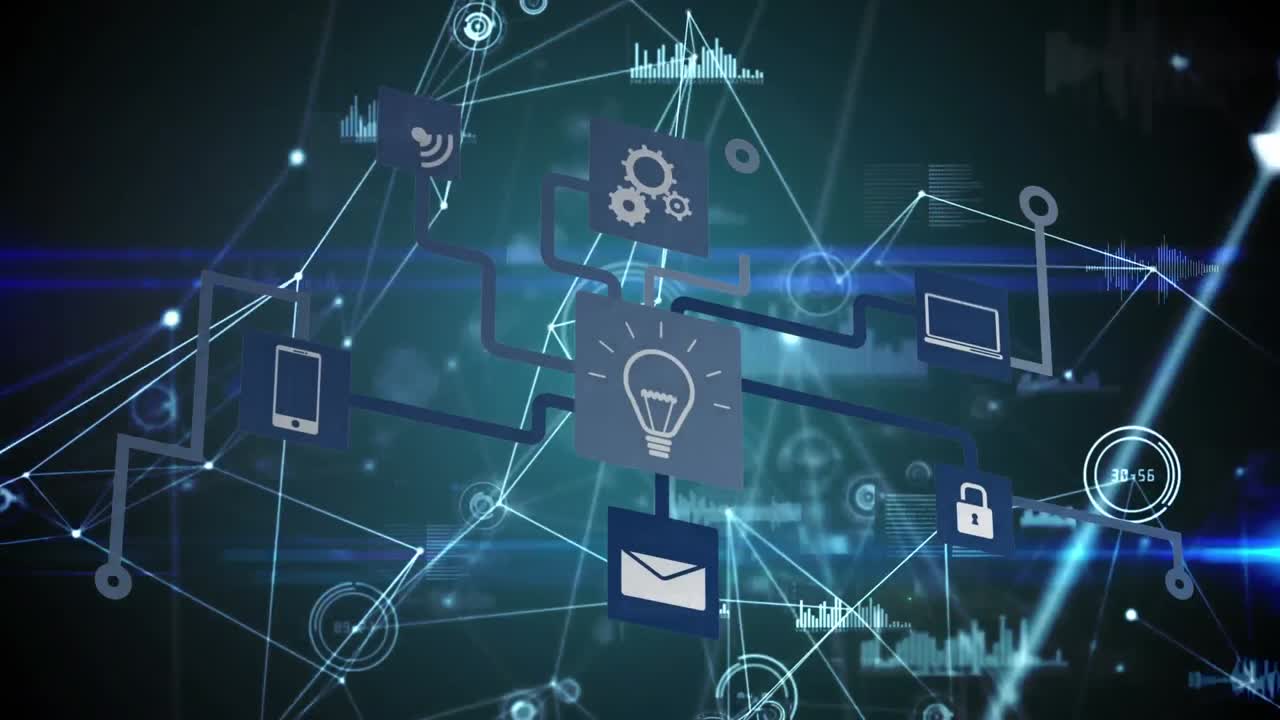 연결된 점과 렌즈 플레어와 함께 그래프 아이콘의 아이콘의 흐름 차트의 애니메이션