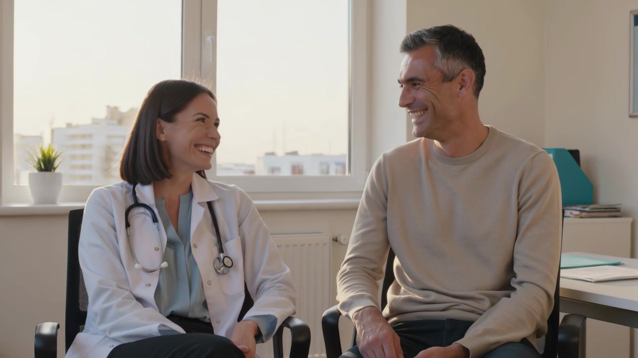 Doctor sonriente con bata de laboratorio se gira hacia un hombre que responde, compartiendo un momento de consuelo en la clínica con un estetoscopio.
