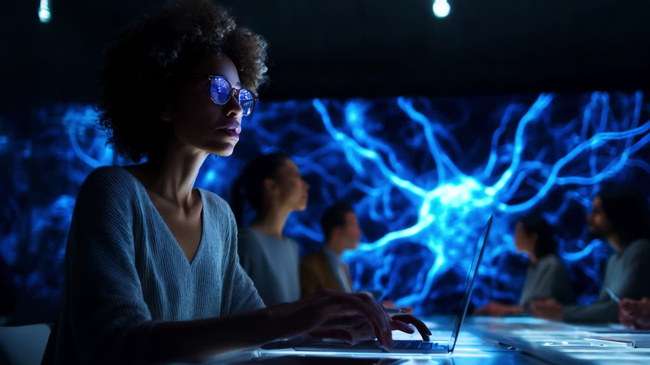 Focus and Innovation: A Group of Individuals Engaged in Deep Work, Surrounded by a High-Tech Environment with Neural Networks Represented in the Background
