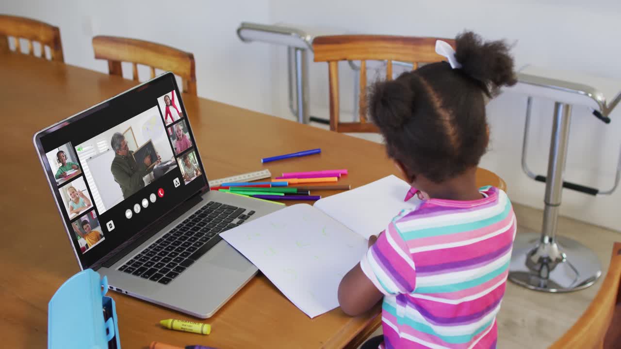 Schoolgirl using laptop for online lesson at home, with diverse teacher and class on screen