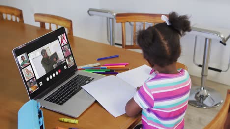schoolgirl using laptop for online lesson at home, with diverse teacher and class on screen