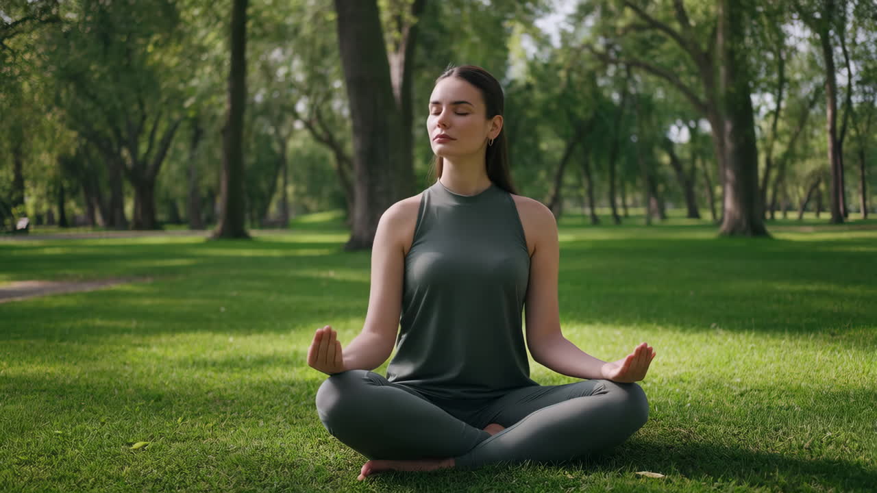 mujer meditando en un parque