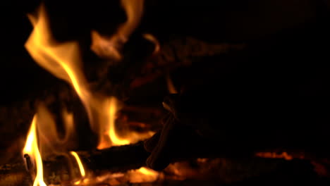 close-up of a warm campfire at night