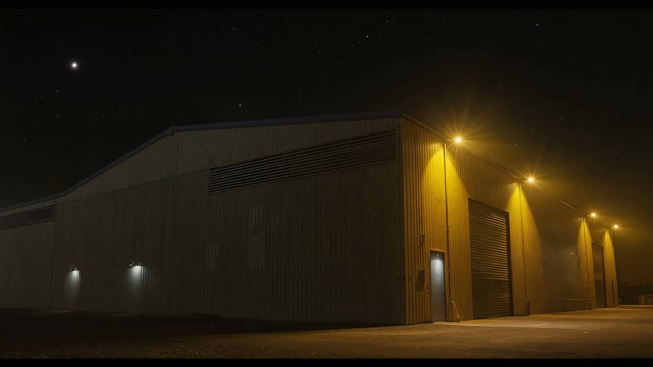 Opening shot showing warehouse at night, with yellow lamps, door and shutter, starry sky