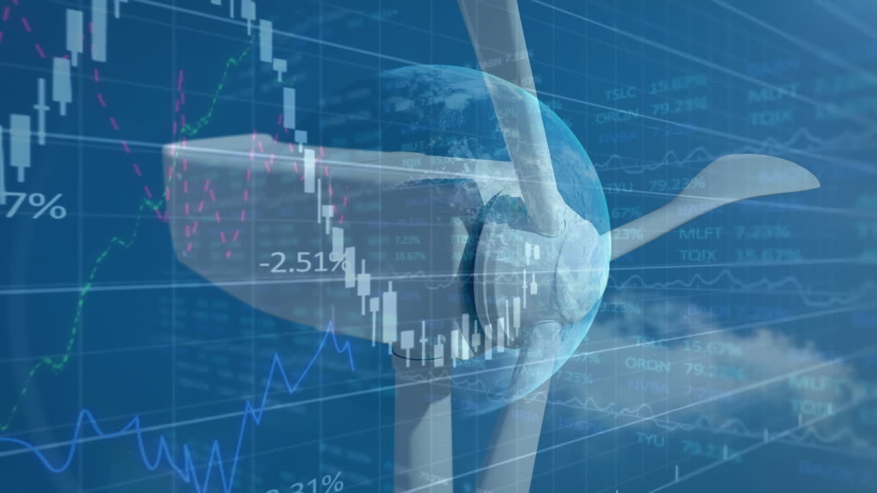 금융 데이터 처리의 애니메이션과 풍력 터빈 위의 지구