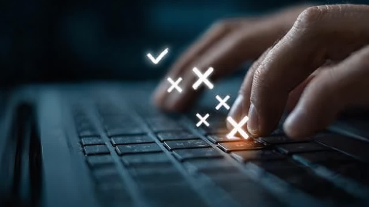 A Close-Up View of Hands Using a Laptop Keyboard, Highlighting the Action of Typing with Visual Feedback Indicated by Animated Symbols above the Keys