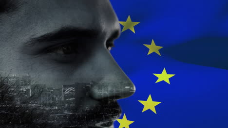 animation of caucasian man with cityscape over flag of eu