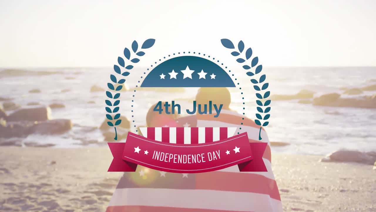 부부가  ⁇ 안고 독립 날짜가 앞면에 있는 우리  ⁇ 발을 착용하고 있습니다.