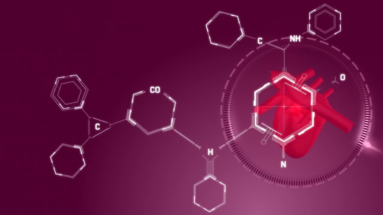 어두운 배경에 있는 인간 심장 모델 위의 화학 공식의 애니메이션