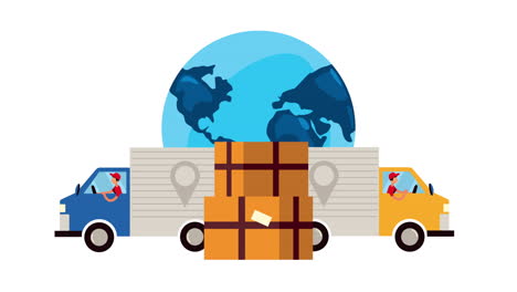 world planet and trucks delivery service animation