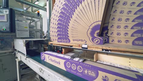 carpenter working with industrial tool in wood factory. manufacture of flooring, parquet processing