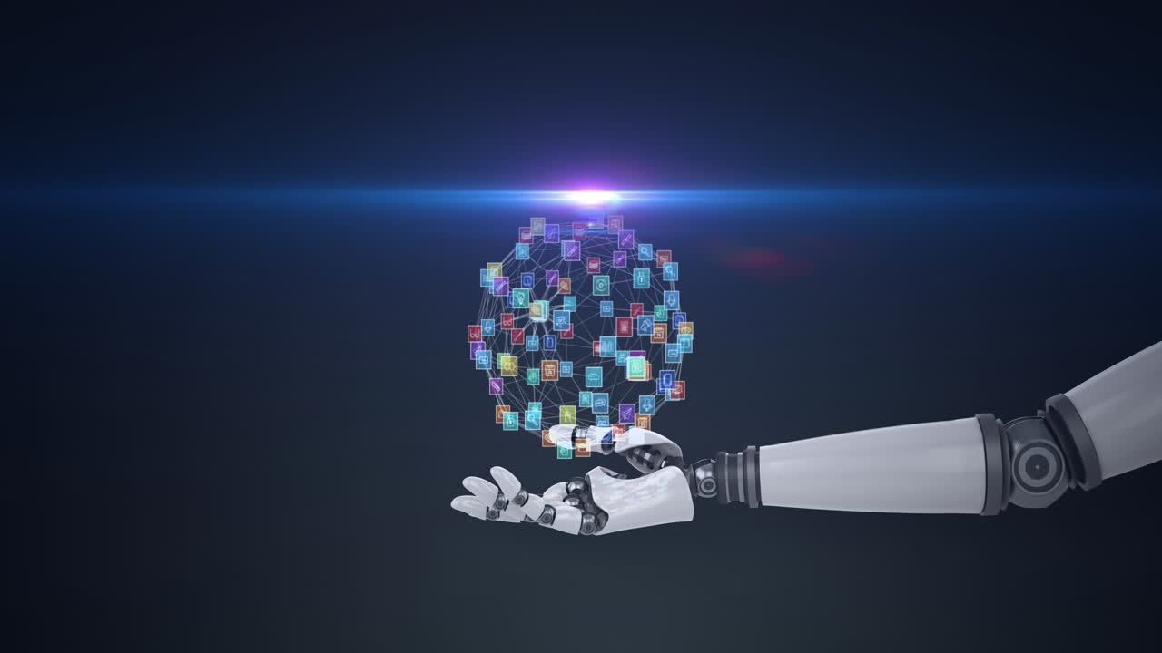 animación de una red de iconos de medios sobre la mano del brazo del robot, con luz en movimiento sobre un fondo oscuro