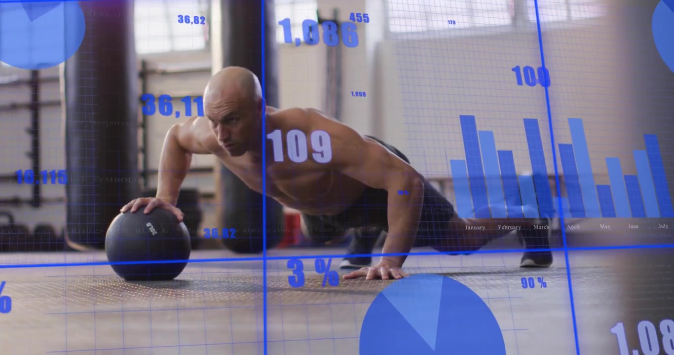 Mandlig atlet laver medicinbold-armbøjning fra planke, blå diagrammer sporer, kamera skifter, opbygger fitness